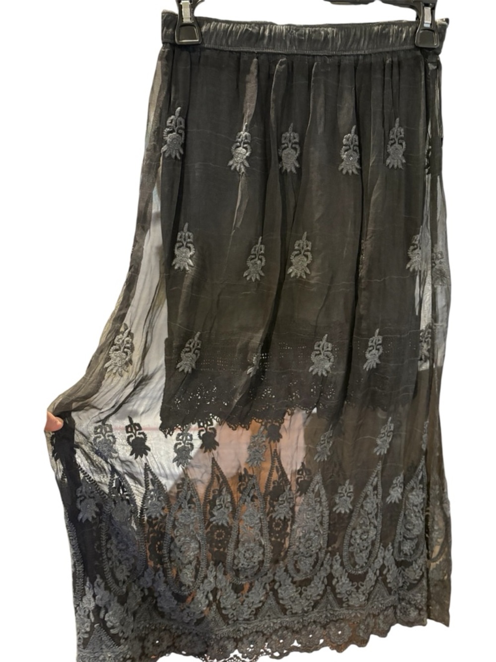 Abercrombie& Finch Sheer Embroidered Maxi Skirt in Dark Grey, size S